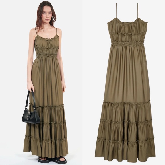 The Kooples Long Green Kaki Dress with Bows - Kooples size 0 - US XS - Picture 1 of 7
